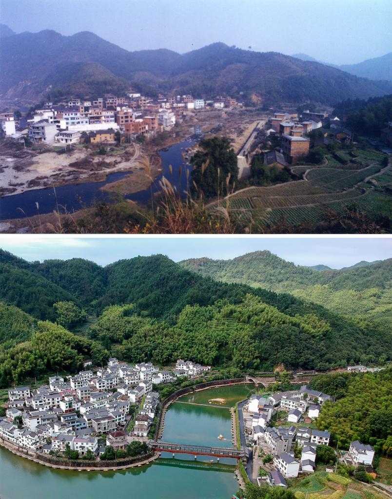 圖為浙江省杭州市淳安縣楓樹(shù)嶺鎮下姜村拼版圖，其中上圖為資料照片、下圖由新華社記者張鋮攝。